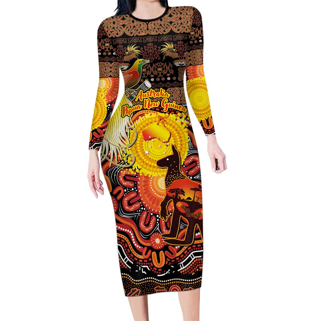 Personalized Australia and Papua New Guinea Together Family Matching Long Sleeve Bodycon Dress and Hawaiian Shirt Kangaroo Aboriginal Art and Bird-of-paradise Oro Tribal Motifs LT03 Mom's Dress Black - Polynesian Pride