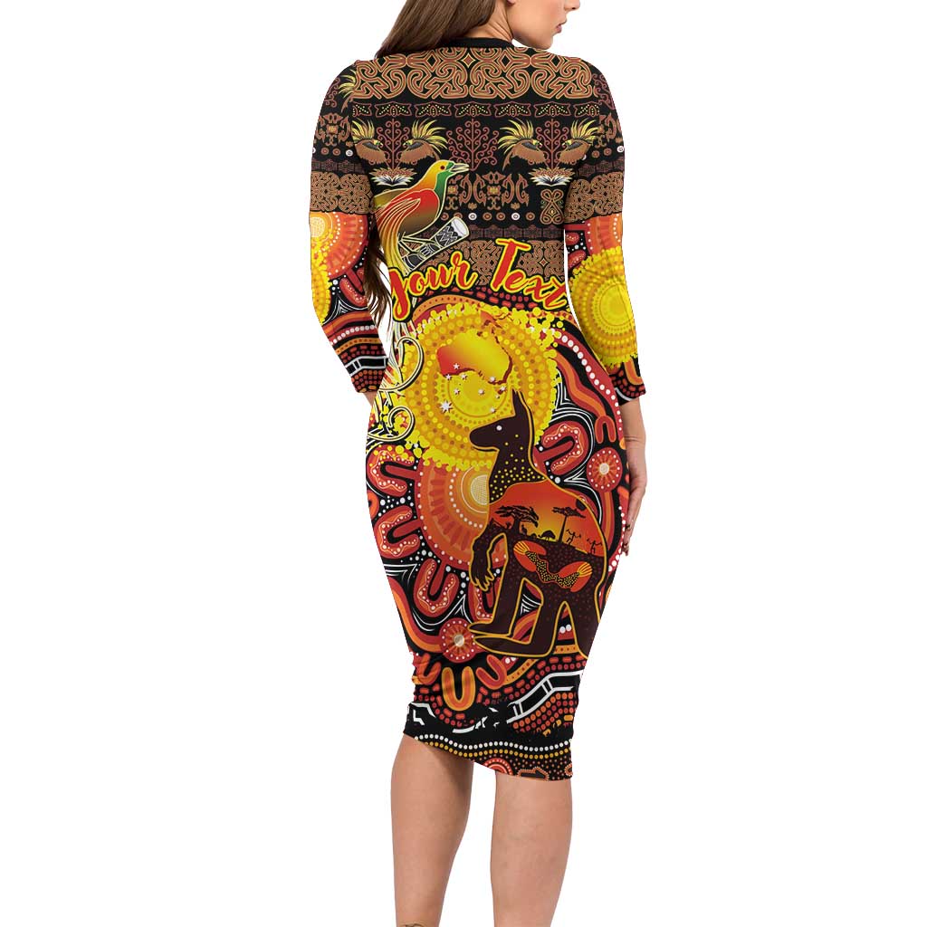 Personalized Australia and Papua New Guinea Together Family Matching Long Sleeve Bodycon Dress and Hawaiian Shirt Kangaroo Aboriginal Art and Bird-of-paradise Oro Tribal Motifs LT03 - Polynesian Pride
