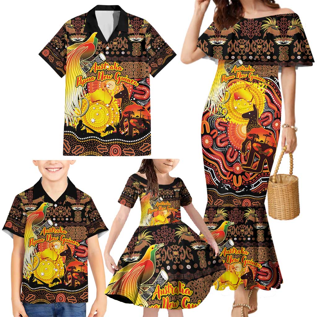 Personalized Australia and Papua New Guinea Together Family Matching Mermaid Dress and Hawaiian Shirt Kangaroo Aboriginal Art and Bird-of-paradise Oro Tribal Motifs LT03 - Polynesian Pride