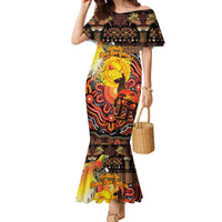 Personalized Australia and Papua New Guinea Together Family Matching Mermaid Dress and Hawaiian Shirt Kangaroo Aboriginal Art and Bird-of-paradise Oro Tribal Motifs LT03 Mom's Dress Black - Polynesian Pride