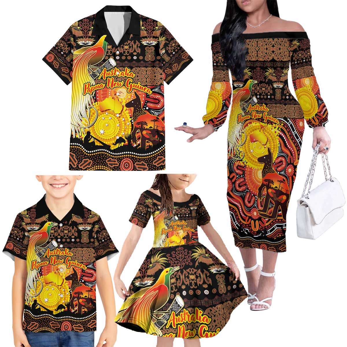 Personalized Australia and Papua New Guinea Together Family Matching Off The Shoulder Long Sleeve Dress and Hawaiian Shirt Kangaroo Aboriginal Art and Bird-of-paradise Oro Tribal Motifs LT03 - Polynesian Pride