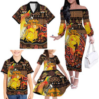 Personalized Australia and Papua New Guinea Together Family Matching Off The Shoulder Long Sleeve Dress and Hawaiian Shirt Kangaroo Aboriginal Art and Bird-of-paradise Oro Tribal Motifs LT03 - Polynesian Pride