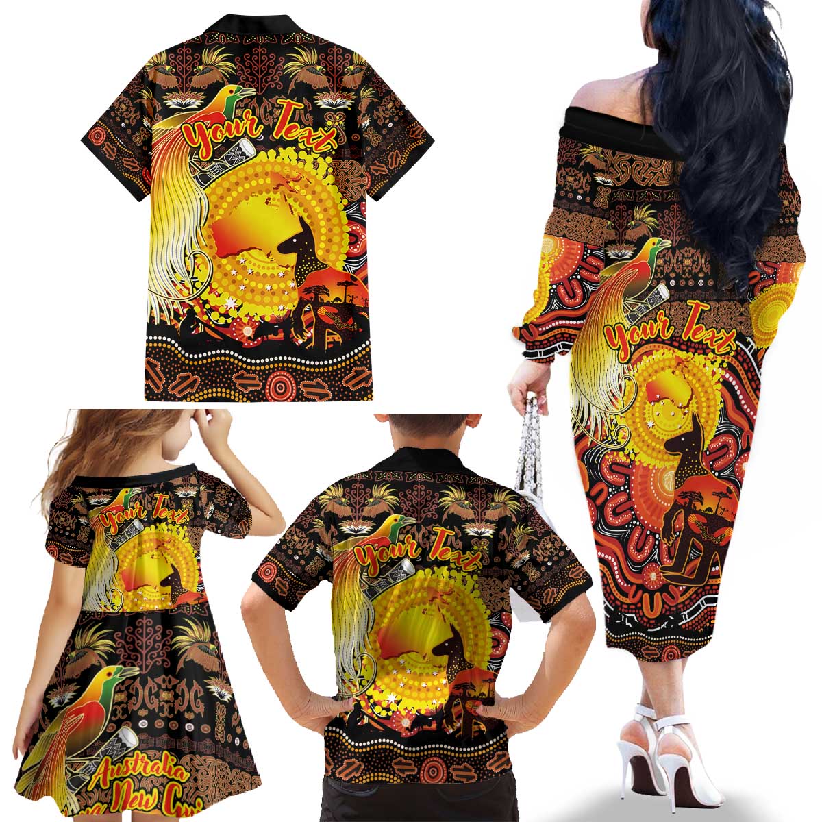 Personalized Australia and Papua New Guinea Together Family Matching Off The Shoulder Long Sleeve Dress and Hawaiian Shirt Kangaroo Aboriginal Art and Bird-of-paradise Oro Tribal Motifs LT03 - Polynesian Pride