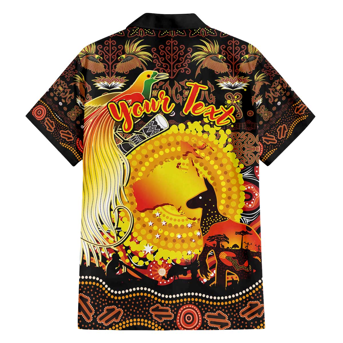 Personalized Australia and Papua New Guinea Together Family Matching Off The Shoulder Long Sleeve Dress and Hawaiian Shirt Kangaroo Aboriginal Art and Bird-of-paradise Oro Tribal Motifs LT03 - Polynesian Pride
