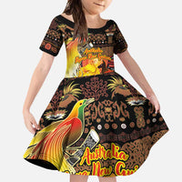 Personalized Australia and Papua New Guinea Together Family Matching Off Shoulder Maxi Dress and Hawaiian Shirt Kangaroo Aboriginal Art and Bird-of-paradise Oro Tribal Motifs LT03 Daughter's Dress Black - Polynesian Pride