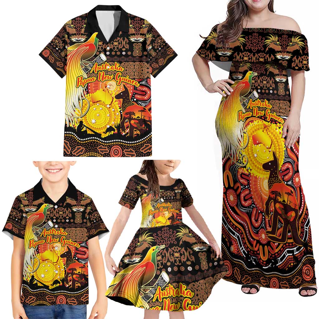Personalized Australia and Papua New Guinea Together Family Matching Off Shoulder Maxi Dress and Hawaiian Shirt Kangaroo Aboriginal Art and Bird-of-paradise Oro Tribal Motifs LT03 - Polynesian Pride