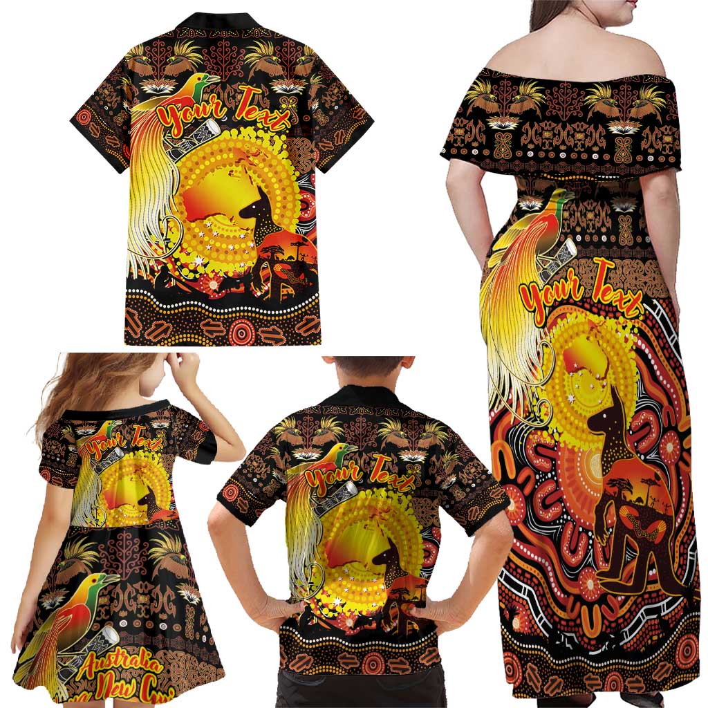 Personalized Australia and Papua New Guinea Together Family Matching Off Shoulder Maxi Dress and Hawaiian Shirt Kangaroo Aboriginal Art and Bird-of-paradise Oro Tribal Motifs LT03 - Polynesian Pride