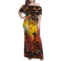 Personalized Australia and Papua New Guinea Together Family Matching Off Shoulder Maxi Dress and Hawaiian Shirt Kangaroo Aboriginal Art and Bird-of-paradise Oro Tribal Motifs LT03 Mom's Dress Black - Polynesian Pride
