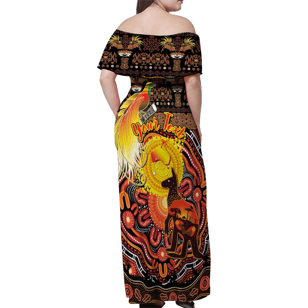 Personalized Australia and Papua New Guinea Together Family Matching Off Shoulder Maxi Dress and Hawaiian Shirt Kangaroo Aboriginal Art and Bird-of-paradise Oro Tribal Motifs LT03 - Polynesian Pride