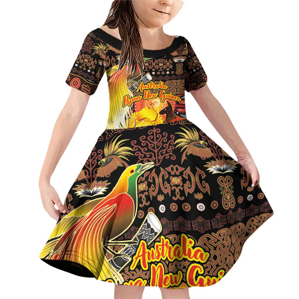 Personalized Australia and Papua New Guinea Together Family Matching Off Shoulder Short Dress and Hawaiian Shirt Kangaroo Aboriginal Art and Bird-of-paradise Oro Tribal Motifs LT03 Daughter's Dress Black - Polynesian Pride