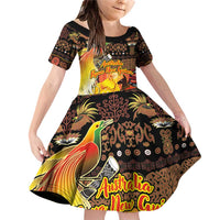Personalized Australia and Papua New Guinea Together Family Matching Off Shoulder Short Dress and Hawaiian Shirt Kangaroo Aboriginal Art and Bird-of-paradise Oro Tribal Motifs LT03 Daughter's Dress Black - Polynesian Pride