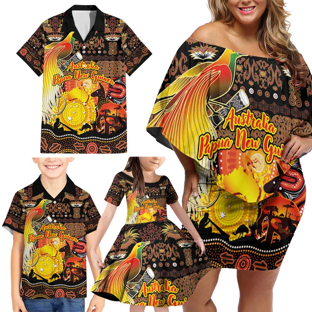 Personalized Australia and Papua New Guinea Together Family Matching Off Shoulder Short Dress and Hawaiian Shirt Kangaroo Aboriginal Art and Bird-of-paradise Oro Tribal Motifs LT03 - Polynesian Pride