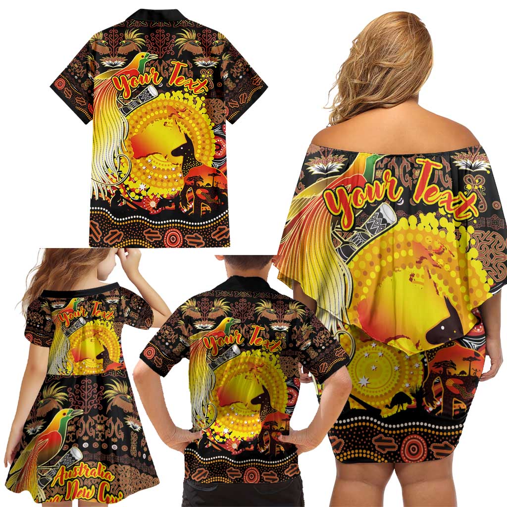 Personalized Australia and Papua New Guinea Together Family Matching Off Shoulder Short Dress and Hawaiian Shirt Kangaroo Aboriginal Art and Bird-of-paradise Oro Tribal Motifs LT03 - Polynesian Pride