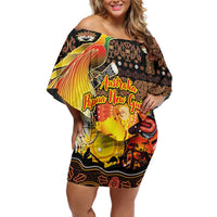 Personalized Australia and Papua New Guinea Together Family Matching Off Shoulder Short Dress and Hawaiian Shirt Kangaroo Aboriginal Art and Bird-of-paradise Oro Tribal Motifs LT03 Mom's Dress Black - Polynesian Pride