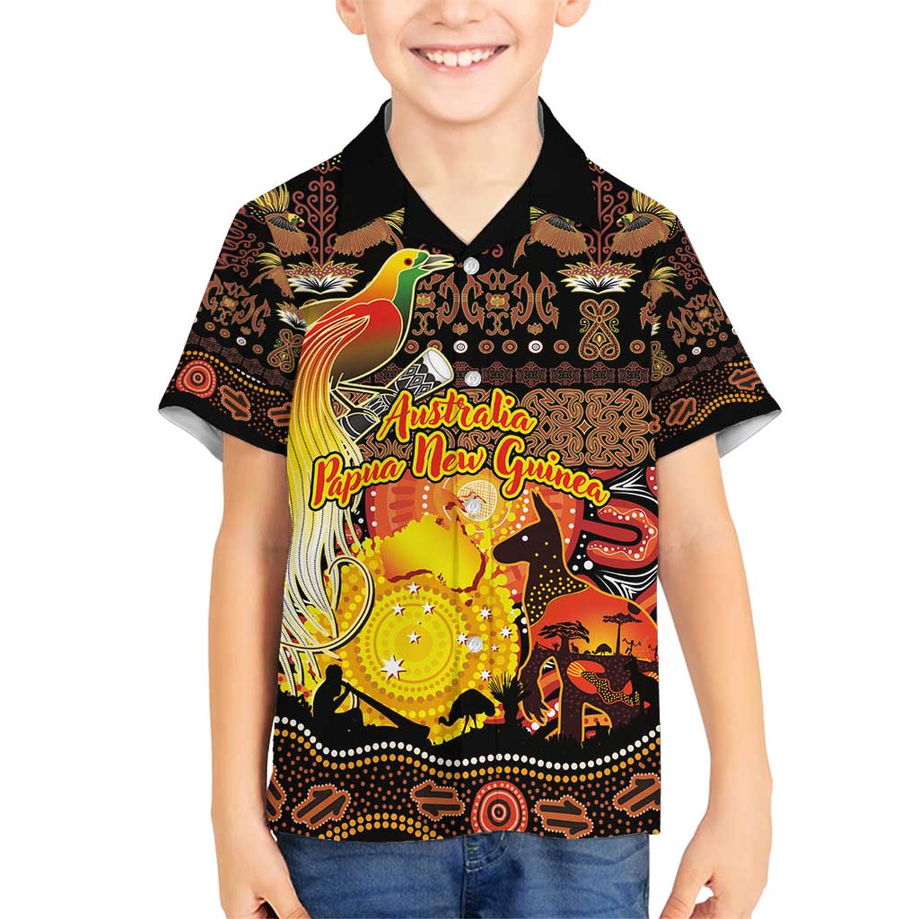 Personalized Australia and Papua New Guinea Together Family Matching Off Shoulder Short Dress and Hawaiian Shirt Kangaroo Aboriginal Art and Bird-of-paradise Oro Tribal Motifs LT03 Son's Shirt Black - Polynesian Pride