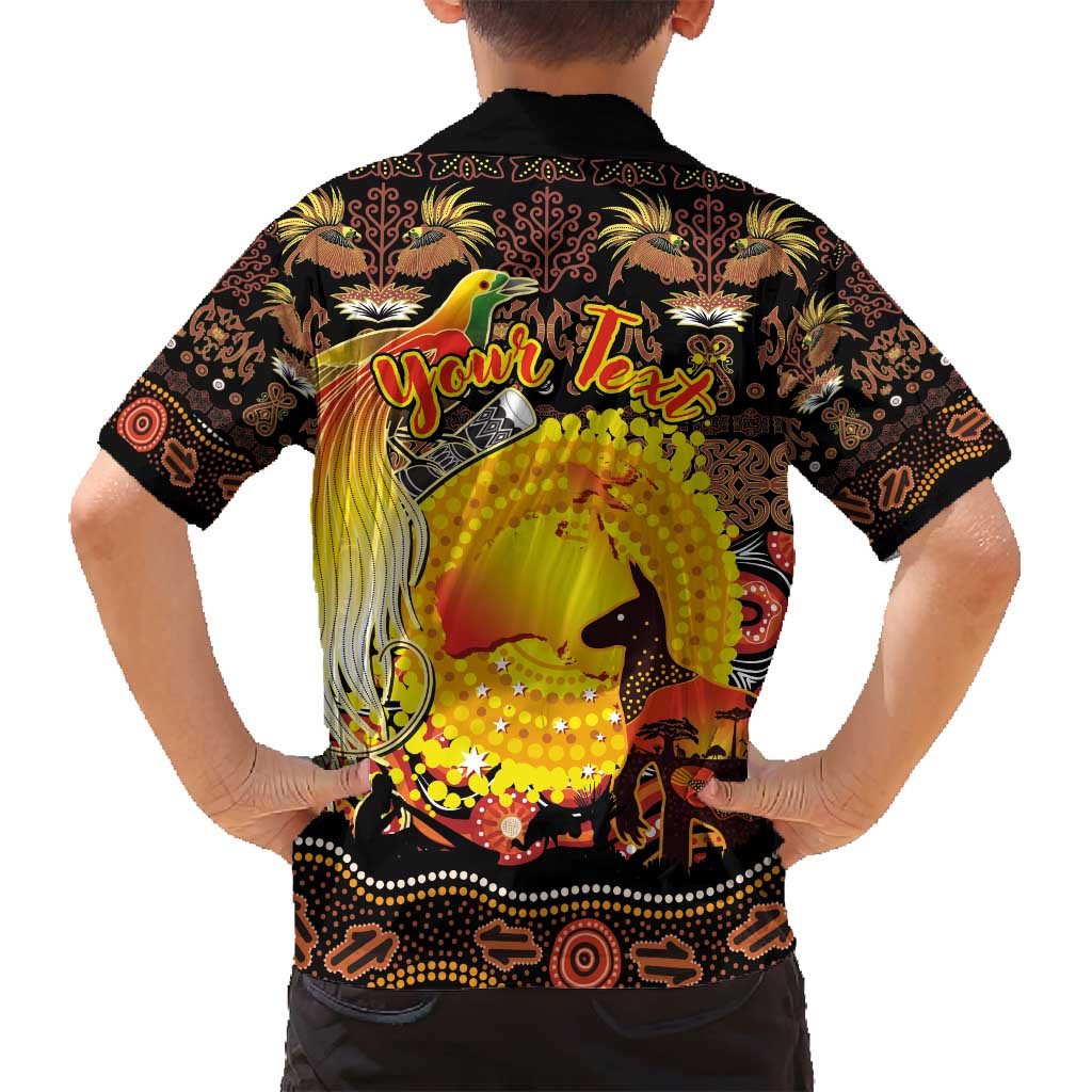 Personalized Australia and Papua New Guinea Together Family Matching Puletasi and Hawaiian Shirt Kangaroo Aboriginal Art and Bird-of-paradise Oro Tribal Motifs LT03 - Polynesian Pride