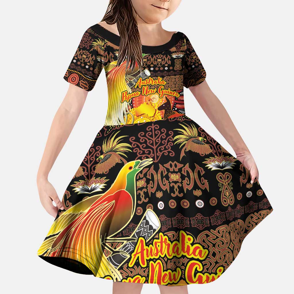 Personalized Australia and Papua New Guinea Together Family Matching Puletasi and Hawaiian Shirt Kangaroo Aboriginal Art and Bird-of-paradise Oro Tribal Motifs LT03 Daughter's Dress Black - Polynesian Pride