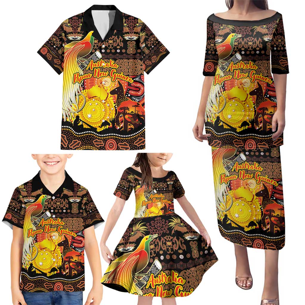 Personalized Australia and Papua New Guinea Together Family Matching Puletasi and Hawaiian Shirt Kangaroo Aboriginal Art and Bird-of-paradise Oro Tribal Motifs LT03 - Polynesian Pride