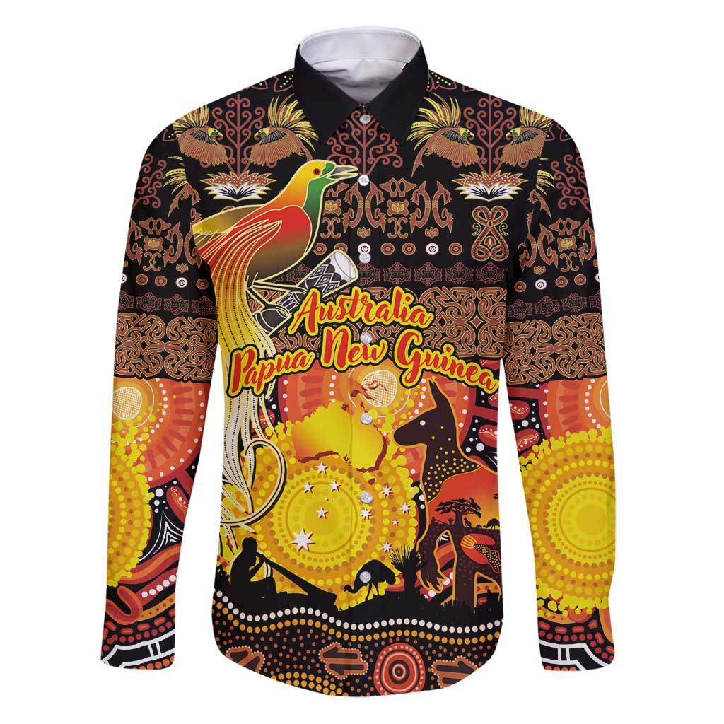 Personalized Australia and Papua New Guinea Together Family Matching Puletasi and Hawaiian Shirt Kangaroo Aboriginal Art and Bird-of-paradise Oro Tribal Motifs LT03 Dad's Shirt - Long Sleeve Black - Polynesian Pride