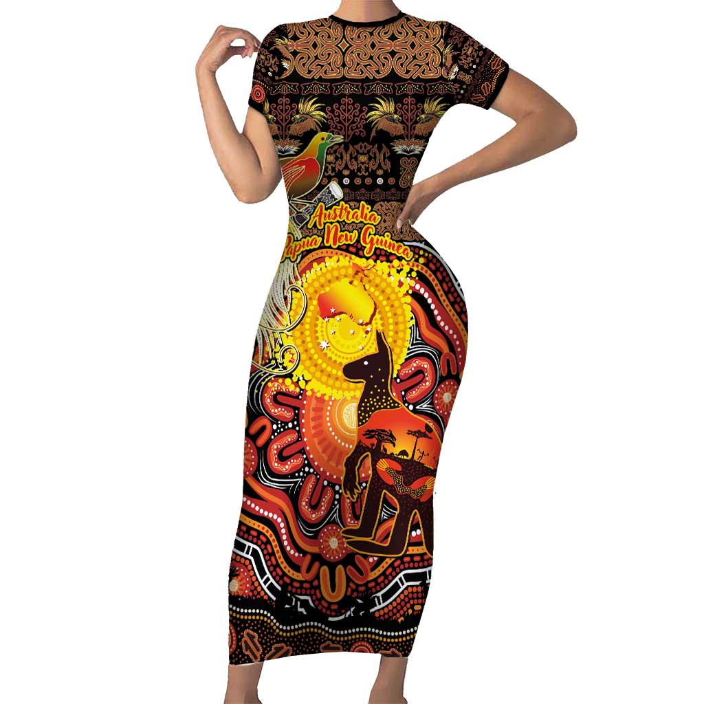 Personalized Australia and Papua New Guinea Together Family Matching Short Sleeve Bodycon Dress and Hawaiian Shirt Kangaroo Aboriginal Art and Bird-of-paradise Oro Tribal Motifs LT03 Mom's Dress Black - Polynesian Pride