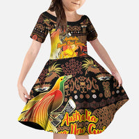 Personalized Australia and Papua New Guinea Together Family Matching Summer Maxi Dress and Hawaiian Shirt Kangaroo Aboriginal Art and Bird-of-paradise Oro Tribal Motifs LT03 Daughter's Dress Black - Polynesian Pride