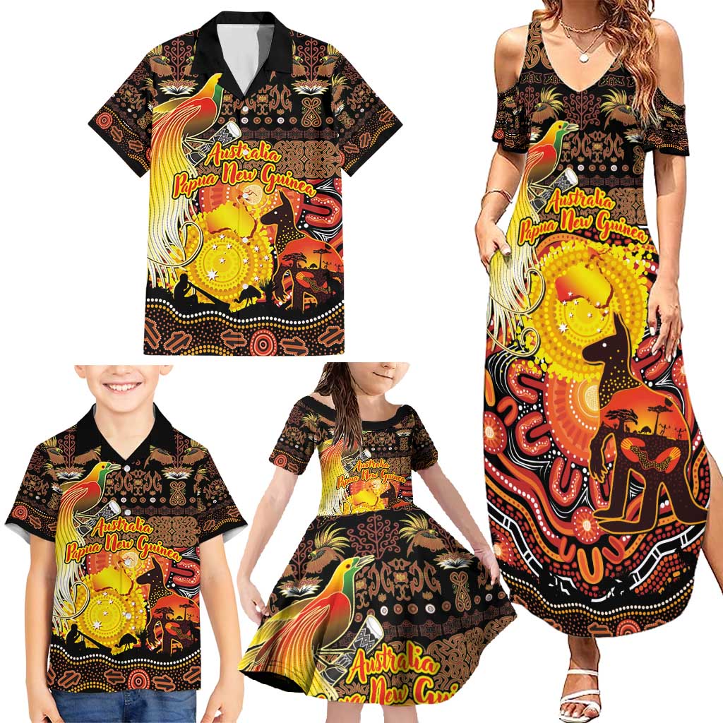 Personalized Australia and Papua New Guinea Together Family Matching Summer Maxi Dress and Hawaiian Shirt Kangaroo Aboriginal Art and Bird-of-paradise Oro Tribal Motifs LT03 - Polynesian Pride