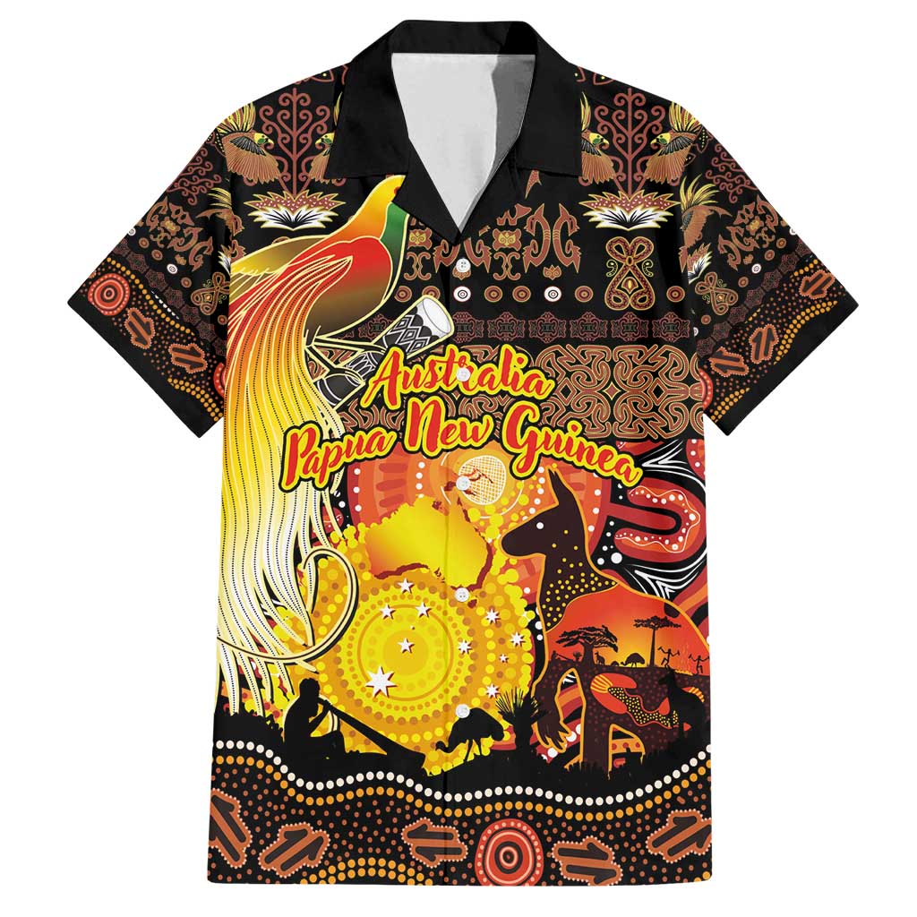 Personalized Australia and Papua New Guinea Together Family Matching Summer Maxi Dress and Hawaiian Shirt Kangaroo Aboriginal Art and Bird-of-paradise Oro Tribal Motifs LT03 Dad's Shirt - Short Sleeve Black - Polynesian Pride