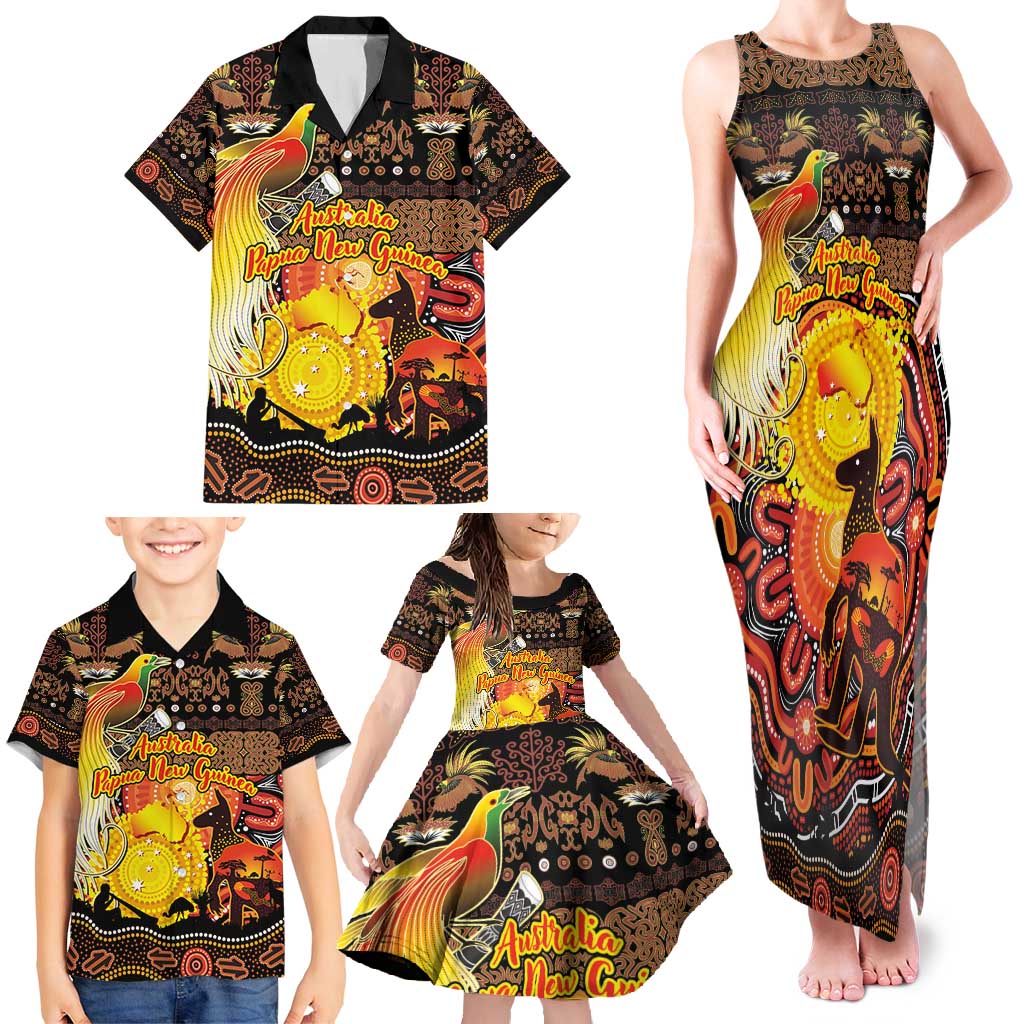 Personalized Australia and Papua New Guinea Together Family Matching Tank Maxi Dress and Hawaiian Shirt Kangaroo Aboriginal Art and Bird-of-paradise Oro Tribal Motifs LT03 - Polynesian Pride