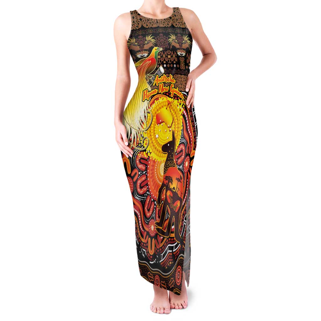 Personalized Australia and Papua New Guinea Together Family Matching Tank Maxi Dress and Hawaiian Shirt Kangaroo Aboriginal Art and Bird-of-paradise Oro Tribal Motifs LT03 Mom's Dress Black - Polynesian Pride