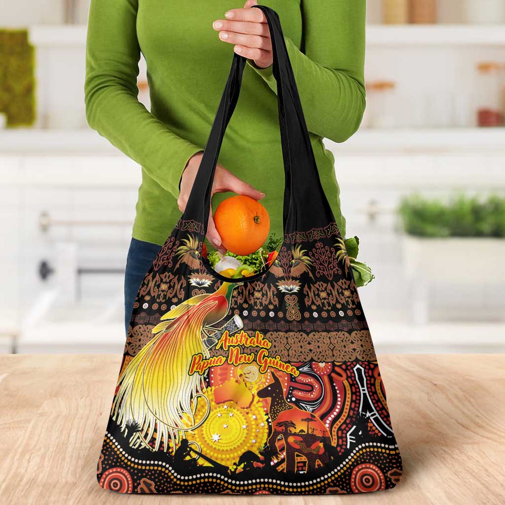 Australia and Papua New Guinea Together Grocery Bag Kangaroo Aboriginal Art and Bird-of-paradise Oro Tribal Motifs LT03 - Polynesian Pride
