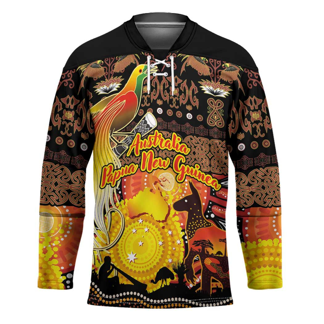 Personalized Australia and Papua New Guinea Together Hockey Jersey Kangaroo Aboriginal Art and Bird-of-paradise Oro Tribal Motifs LT03 Unisex Black - Polynesian Pride