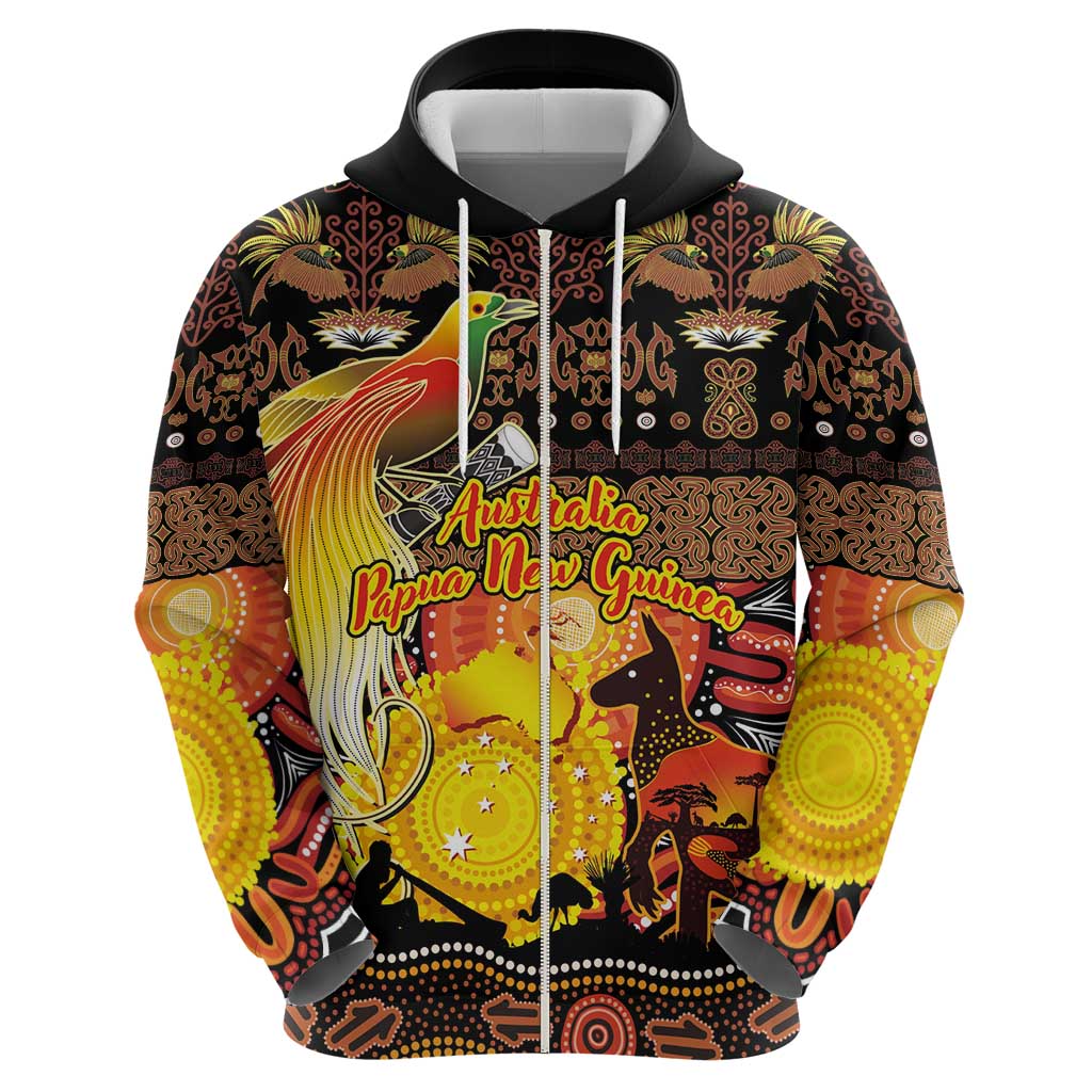 Personalized Australia and Papua New Guinea Together Hoodie Kangaroo Aboriginal Art and Bird-of-paradise Oro Tribal Motifs LT03 - Polynesian Pride