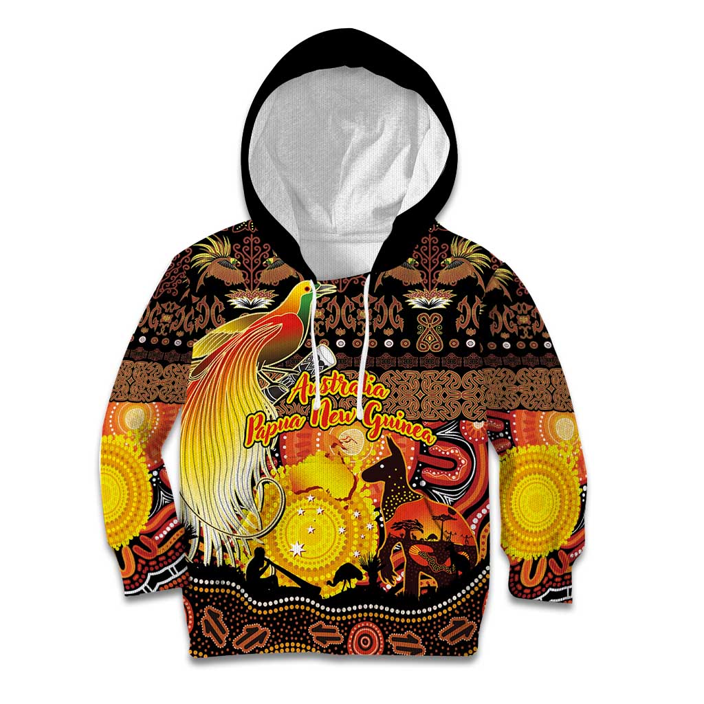 Personalized Australia and Papua New Guinea Together Kid Hoodie Kangaroo Aboriginal Art and Bird-of-paradise Oro Tribal Motifs LT03 Hoodie Black - Polynesian Pride