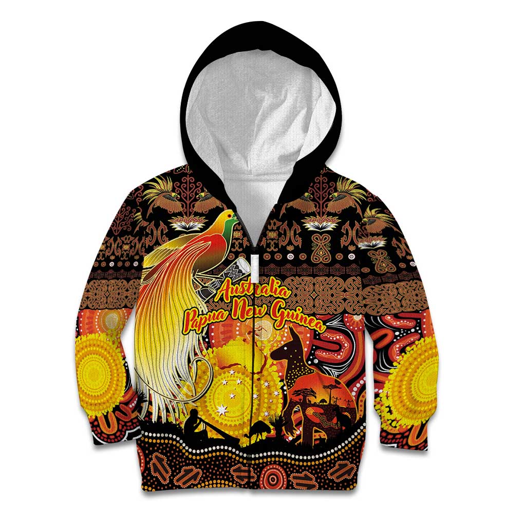 Personalized Australia and Papua New Guinea Together Kid Hoodie Kangaroo Aboriginal Art and Bird-of-paradise Oro Tribal Motifs LT03 Zip Hoodie Black - Polynesian Pride
