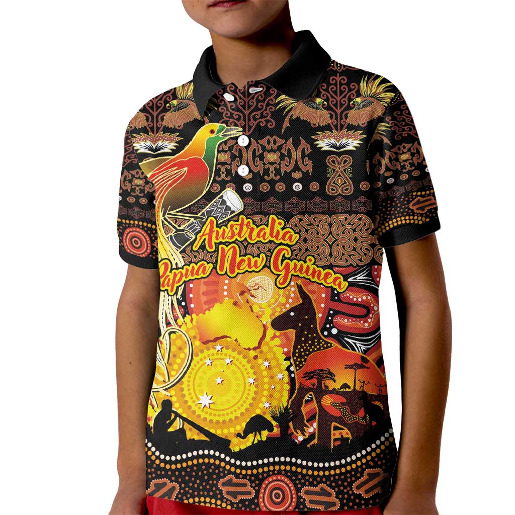 Personalized Australia and Papua New Guinea Together Kid Polo Shirt Kangaroo Aboriginal Art and Bird-of-paradise Oro Tribal Motifs - Polynesian Pride