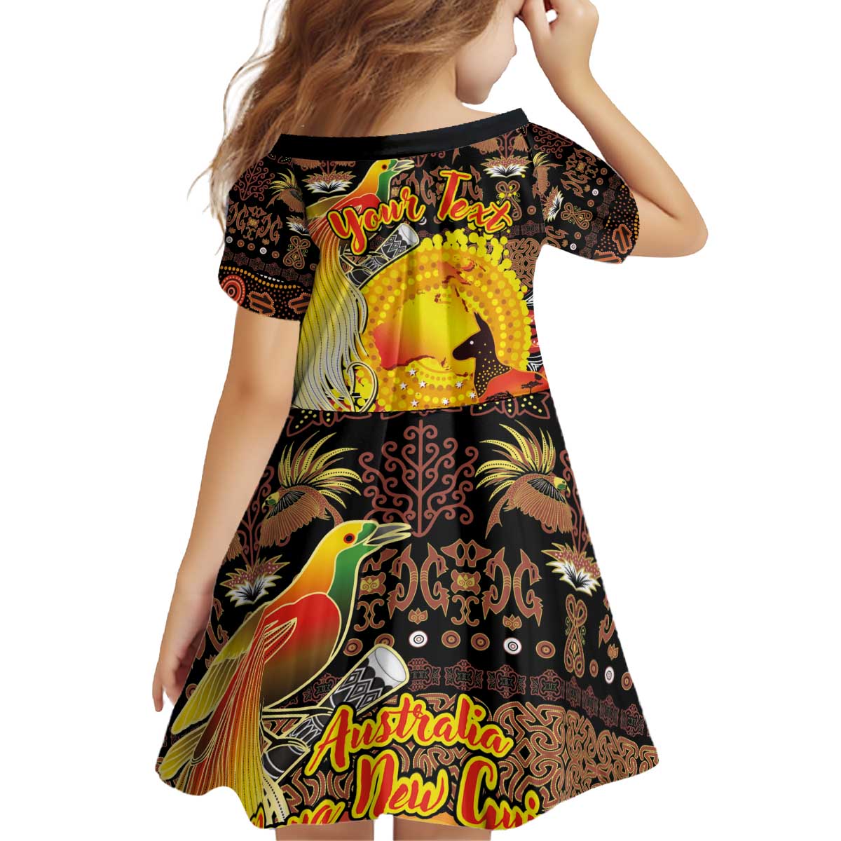 Personalized Australia and Papua New Guinea Together Kid Short Sleeve Dress Kangaroo Aboriginal Art and Bird-of-paradise Oro Tribal Motifs LT03 - Polynesian Pride