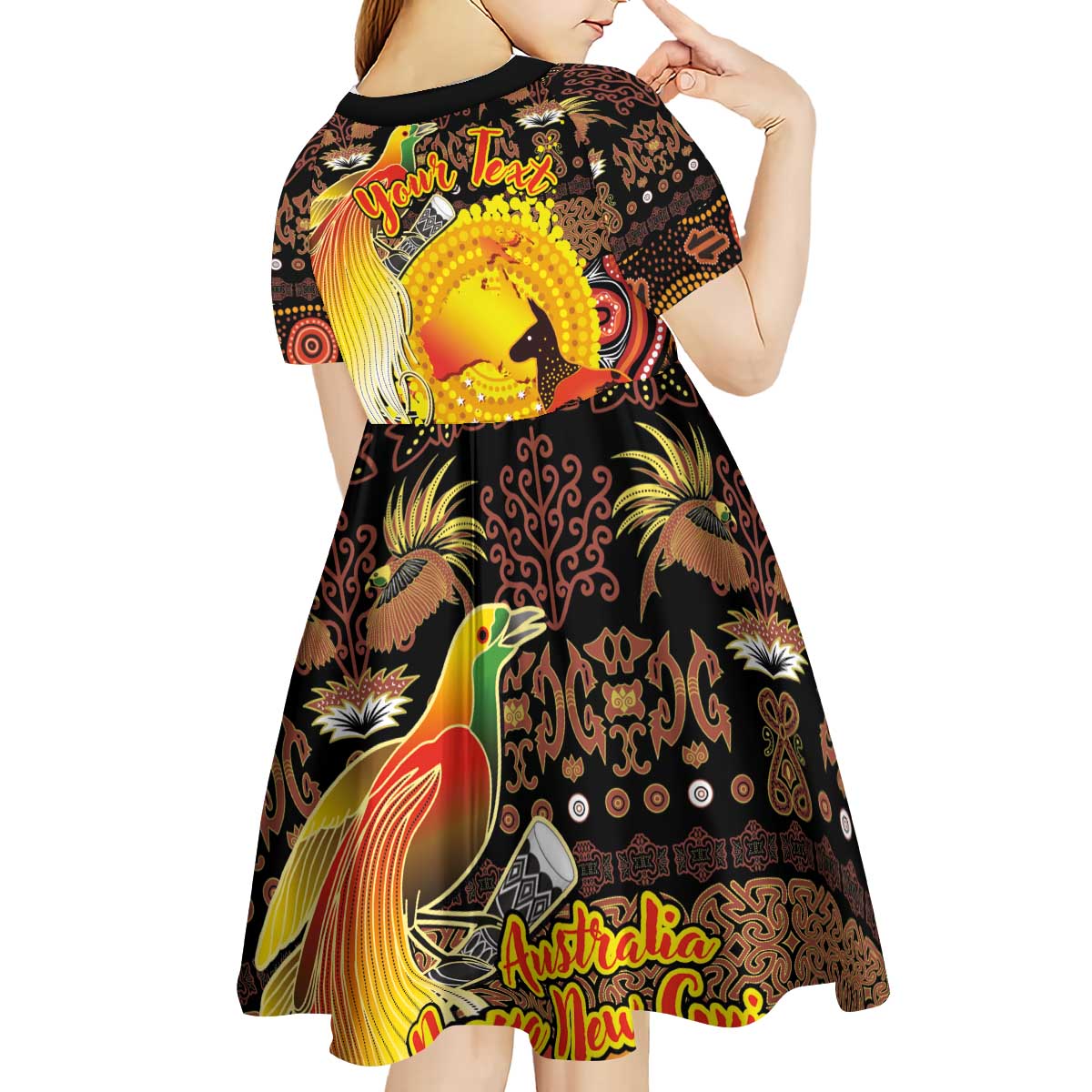 Personalized Australia and Papua New Guinea Together Kid Short Sleeve Dress Kangaroo Aboriginal Art and Bird-of-paradise Oro Tribal Motifs LT03 - Polynesian Pride