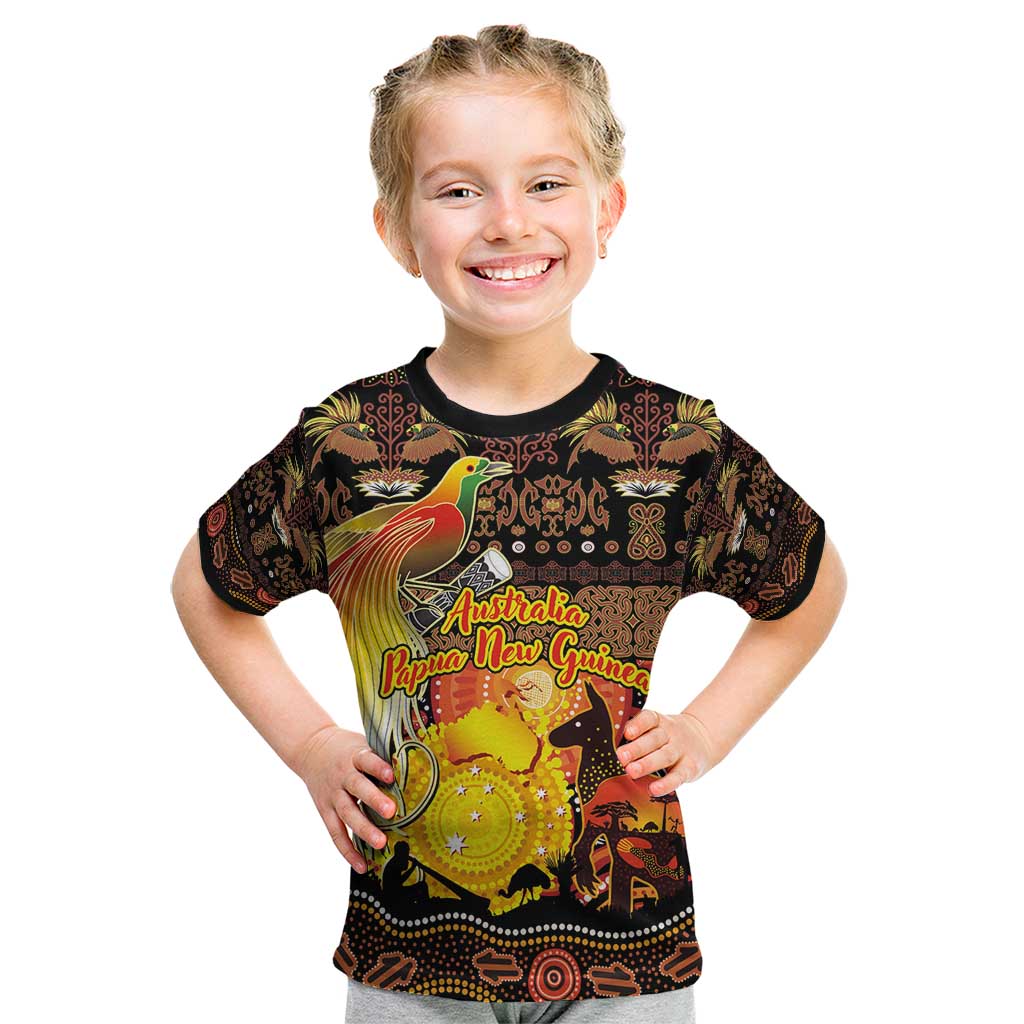 Personalized Australia and Papua New Guinea Together Kid T Shirt Kangaroo Aboriginal Art and Bird-of-paradise Oro Tribal Motifs LT03 Black - Polynesian Pride