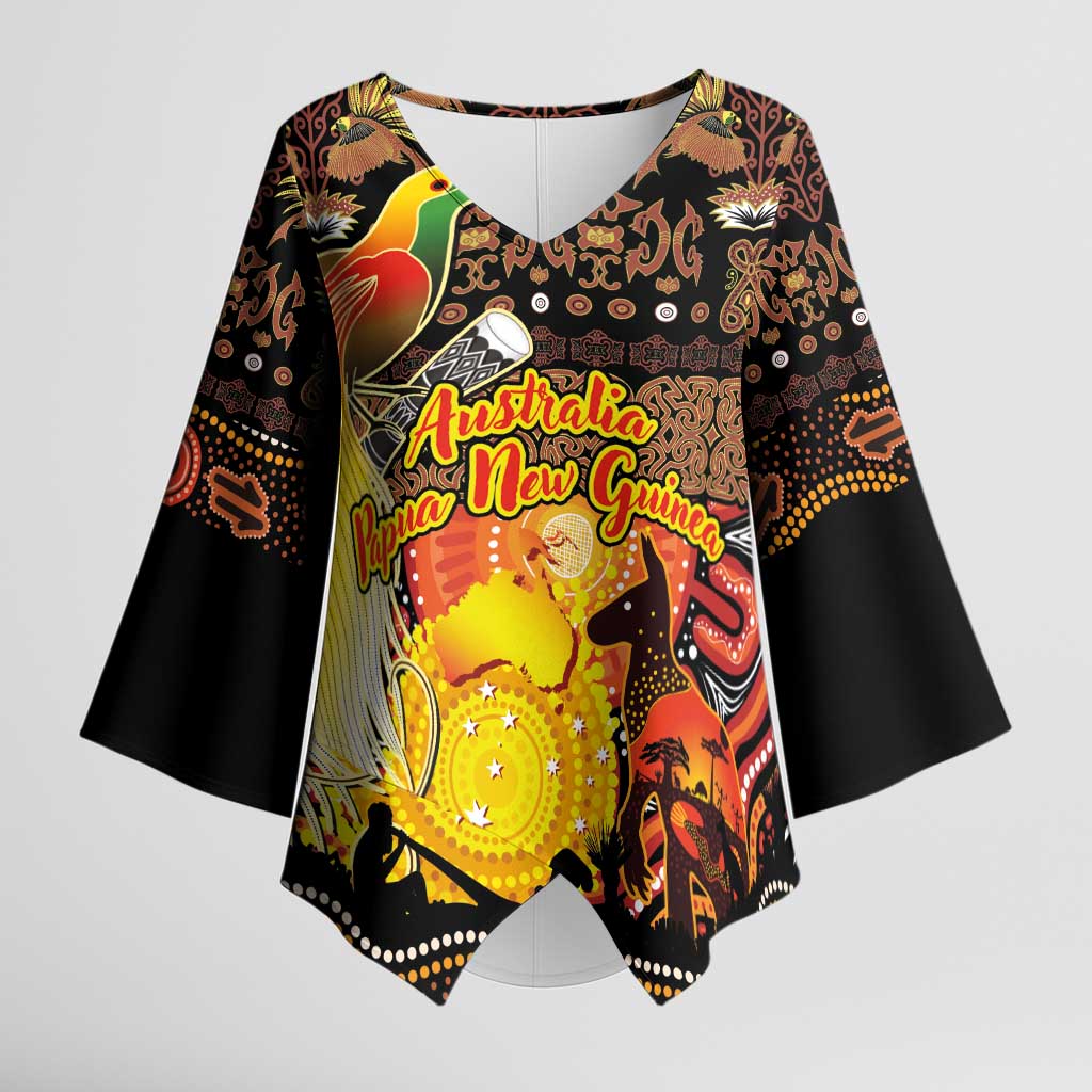 Personalized Australia and Papua New Guinea Together Kimono Sleeve Blouse Kangaroo Aboriginal Art and Bird-of-paradise Oro Tribal Motifs LT03 Female Black - Polynesian Pride
