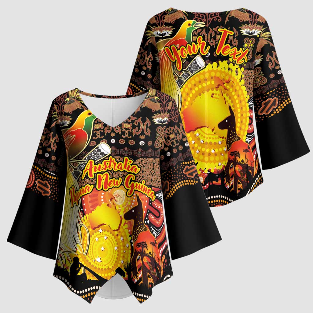 Personalized Australia and Papua New Guinea Together Kimono Sleeve Blouse Kangaroo Aboriginal Art and Bird-of-paradise Oro Tribal Motifs LT03 - Polynesian Pride