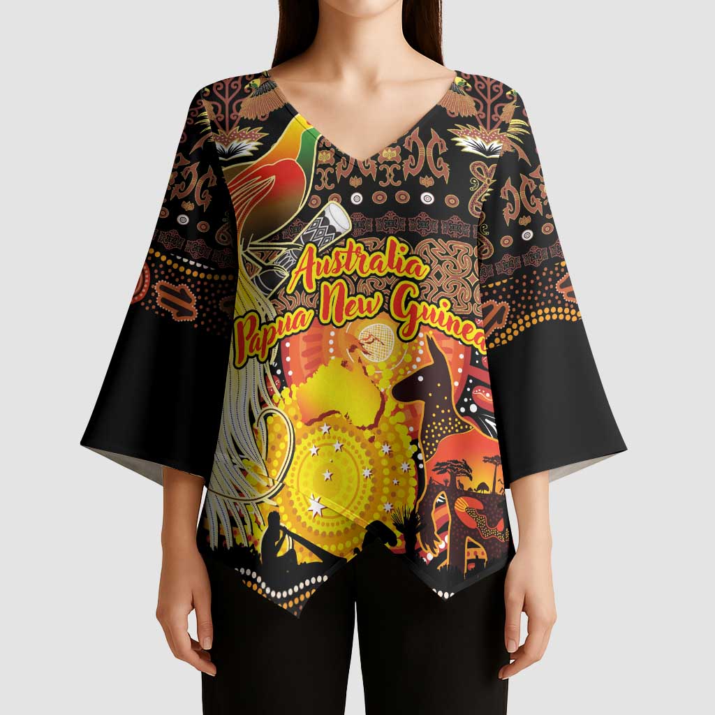 Personalized Australia and Papua New Guinea Together Kimono Sleeve Blouse Kangaroo Aboriginal Art and Bird-of-paradise Oro Tribal Motifs LT03 - Polynesian Pride