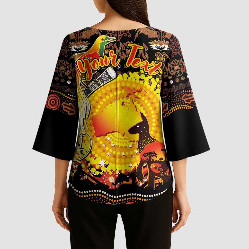 Personalized Australia and Papua New Guinea Together Kimono Sleeve Blouse Kangaroo Aboriginal Art and Bird-of-paradise Oro Tribal Motifs LT03 - Polynesian Pride