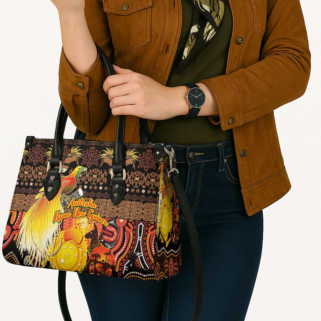 Australia and Papua New Guinea Together Leather Bag Kangaroo Aboriginal Art and Bird-of-paradise Oro Tribal Motifs LT03 - Polynesian Pride