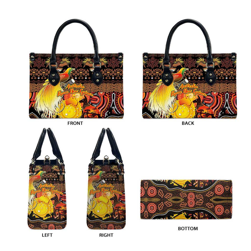 Australia and Papua New Guinea Together Leather Bag Kangaroo Aboriginal Art and Bird-of-paradise Oro Tribal Motifs LT03 - Polynesian Pride