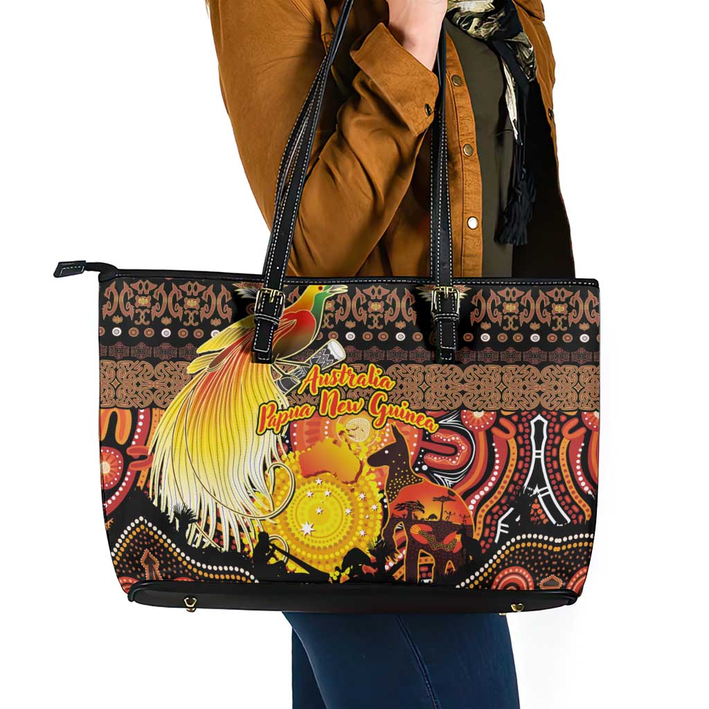 Australia and Papua New Guinea Together Leather Tote Bag Kangaroo Aboriginal Art and Bird-of-paradise Oro Tribal Motifs - Polynesian Pride