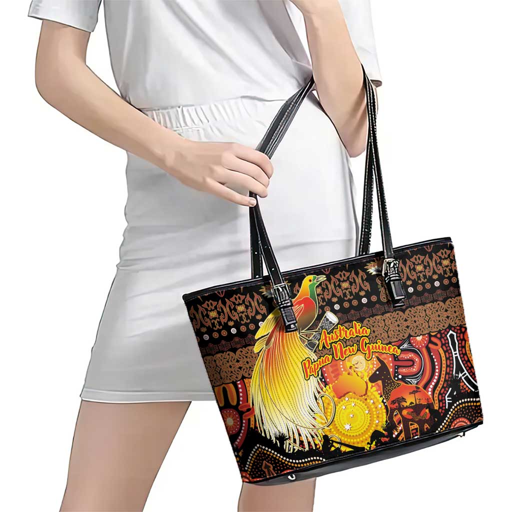Australia and Papua New Guinea Together Leather Tote Bag Kangaroo Aboriginal Art and Bird-of-paradise Oro Tribal Motifs - Polynesian Pride