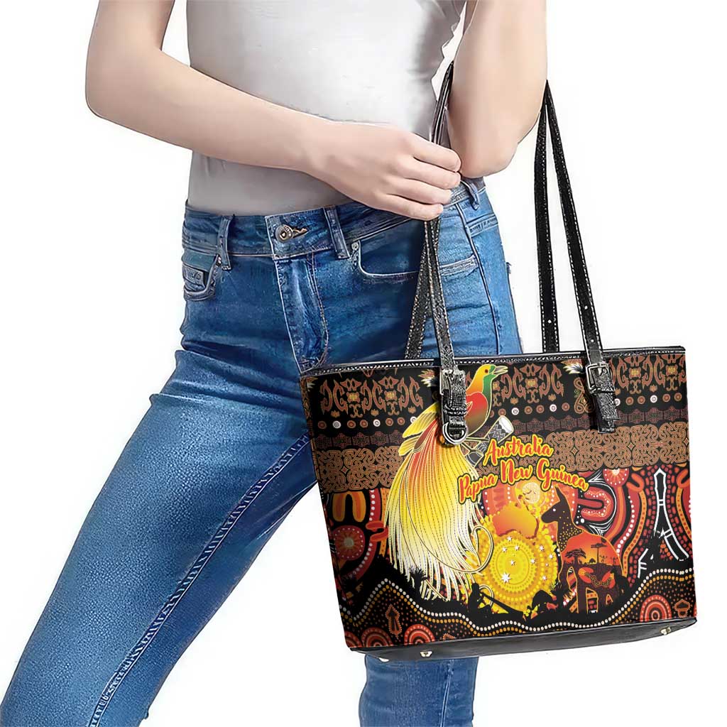 Australia and Papua New Guinea Together Leather Tote Bag Kangaroo Aboriginal Art and Bird-of-paradise Oro Tribal Motifs - Polynesian Pride
