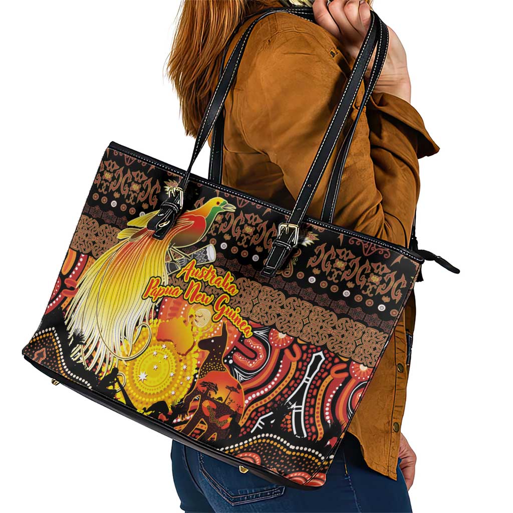 Australia and Papua New Guinea Together Leather Tote Bag Kangaroo Aboriginal Art and Bird-of-paradise Oro Tribal Motifs - Polynesian Pride