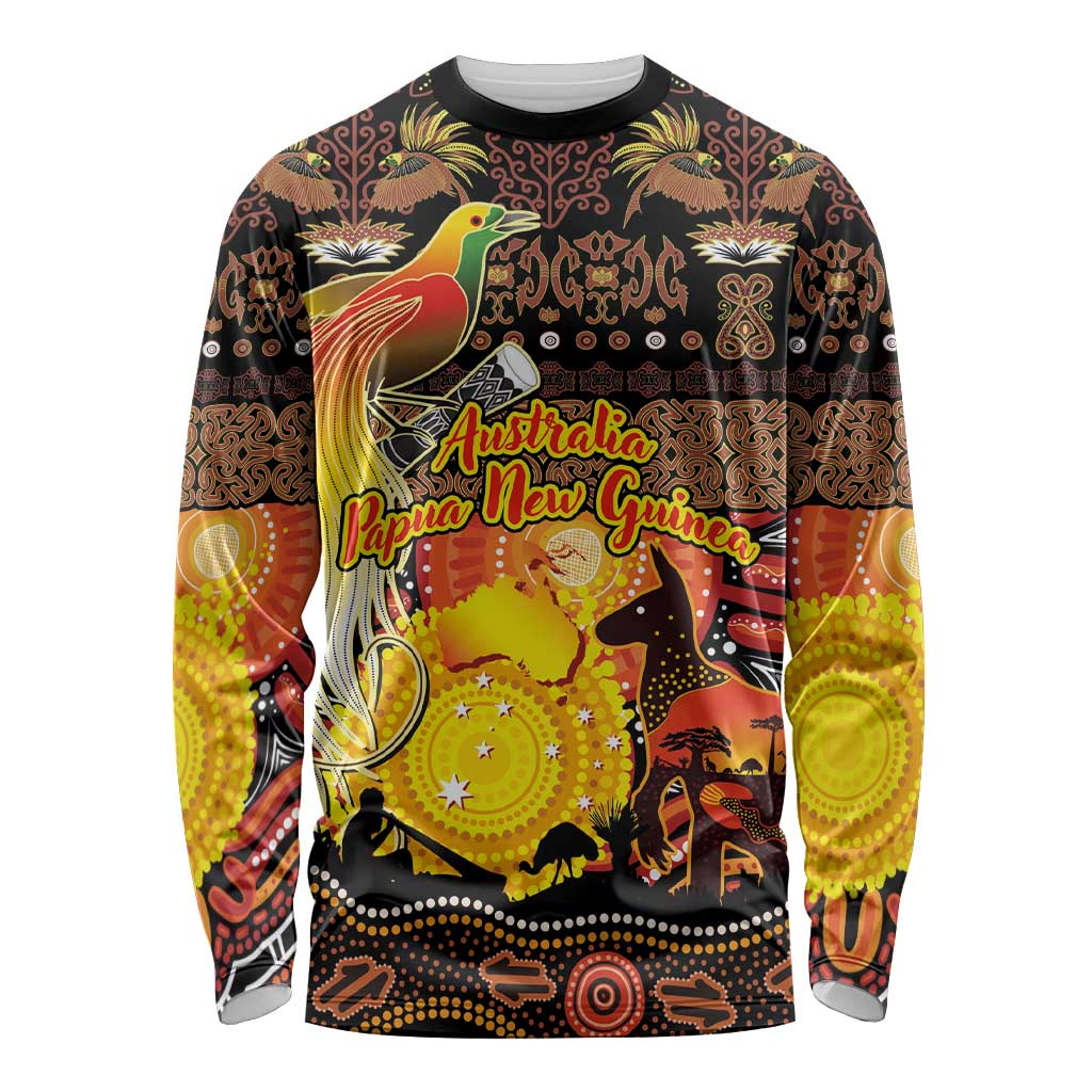 Personalized Australia and Papua New Guinea Together Long Sleeve Shirt Kangaroo Aboriginal Art and Bird-of-paradise Oro Tribal Motifs LT03 Unisex Black - Polynesian Pride