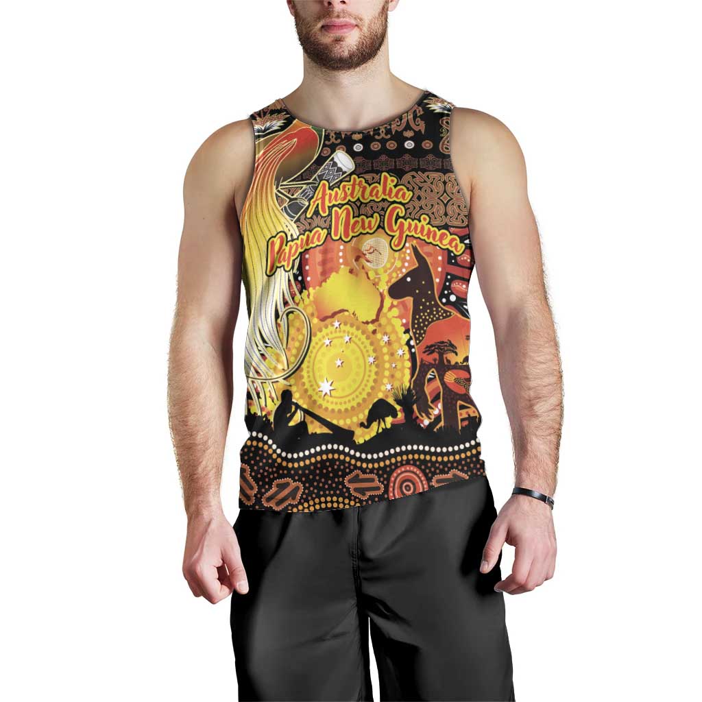 Personalized Australia and Papua New Guinea Together Men Tank Top Kangaroo Aboriginal Art and Bird-of-paradise Oro Tribal Motifs LT03 - Polynesian Pride